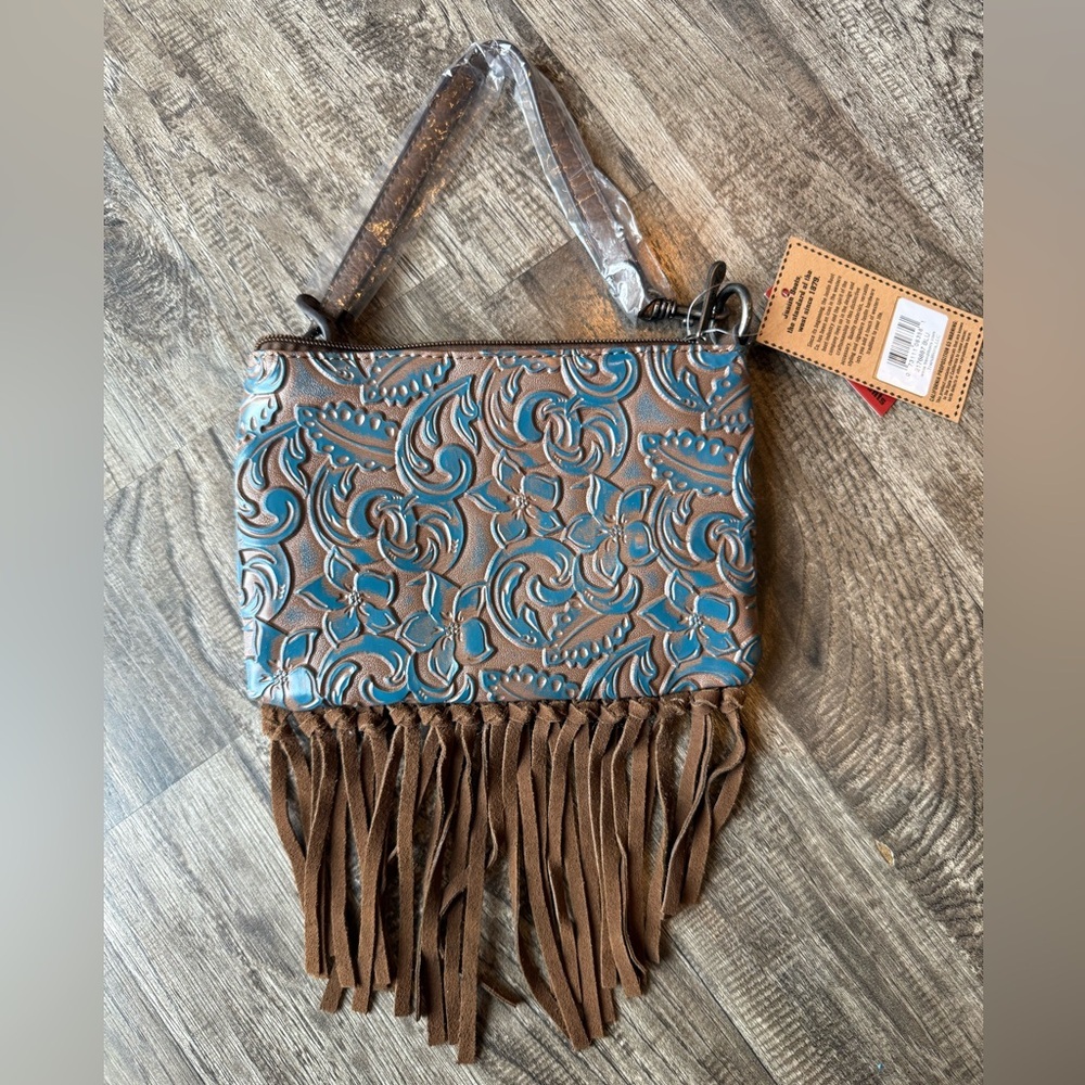 Justin Convertible‎ Bag Wristlet Brown Blue Embossed Leather Fringe Western NWT